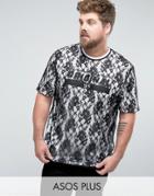 Asos Plus Longline T-shirt With Lace Double Layer And Text Print - Black