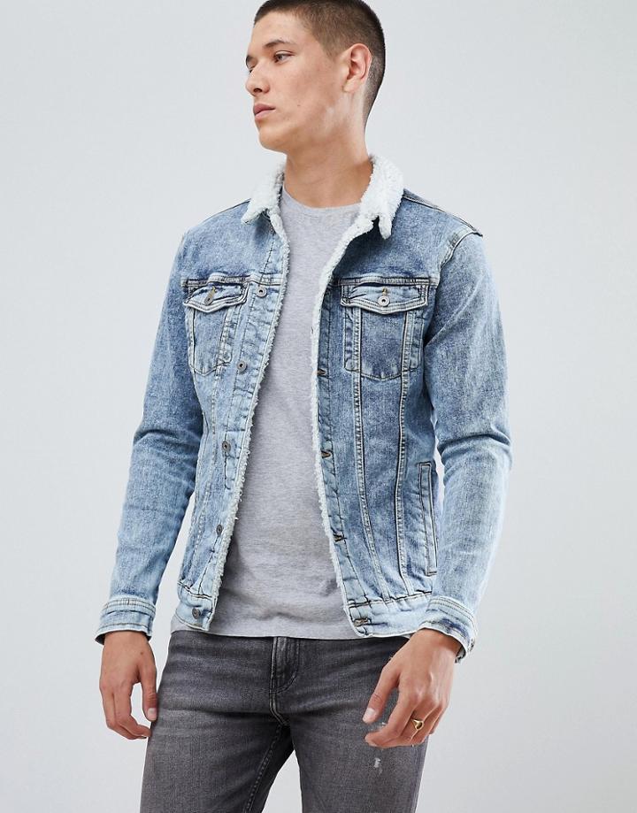 Pull & Bear Denim Jacket With Fleece Collar In Blue - Blue