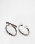Pilgrim Hematite Plated Adjustable Ring Set With Faux Pearl - Silver