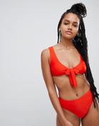 Luxe Palm High Leg Bikini Bottom In Red - Red