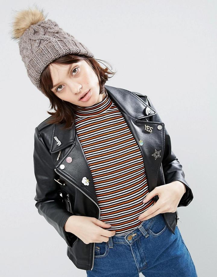 Asos Wool Mix Natural Faux Fur Beanie - Pink