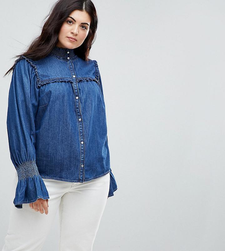 Asos Curve Denim Shirred Shirt With Frill Detail In Indigo - Blue