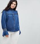 Asos Curve Denim Shirred Shirt With Frill Detail In Indigo - Blue
