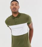 Asos Design Tall Polo Shirt With Contrast Body Panel In Khaki-green