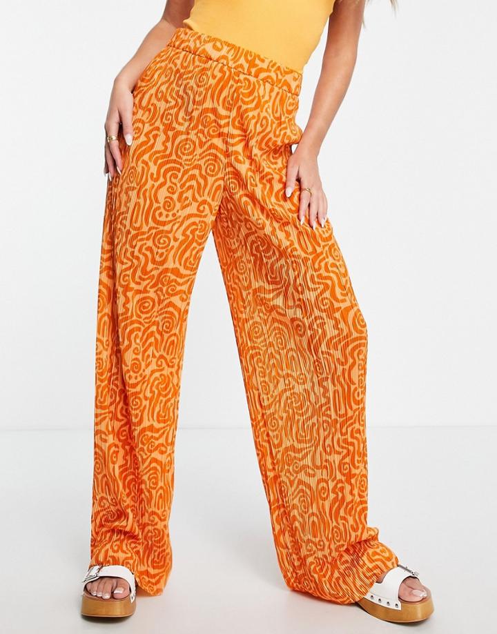 Monki Relaxed Pants In Swirl Print Plisse-orange