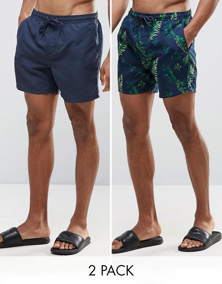Bravesoul 2 Pack Swim Shorts In Tropical Print And Navy Plain - Navy