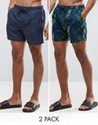 Bravesoul 2 Pack Swim Shorts In Tropical Print And Navy Plain - Navy