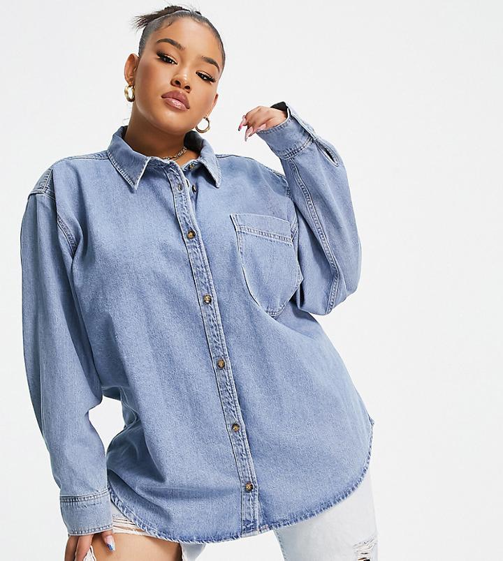 Asos Design Curve Original Denim Shirt In Mid Wash-blues