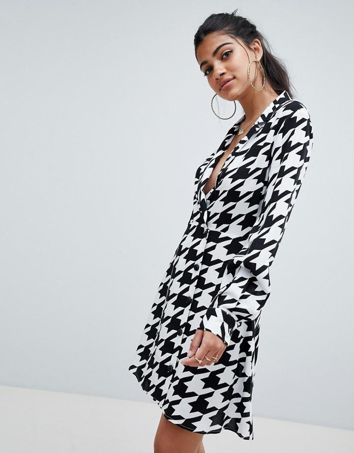 Asos Design Soft Tux Wrap Mini Dress In Large Houndstooth - Multi