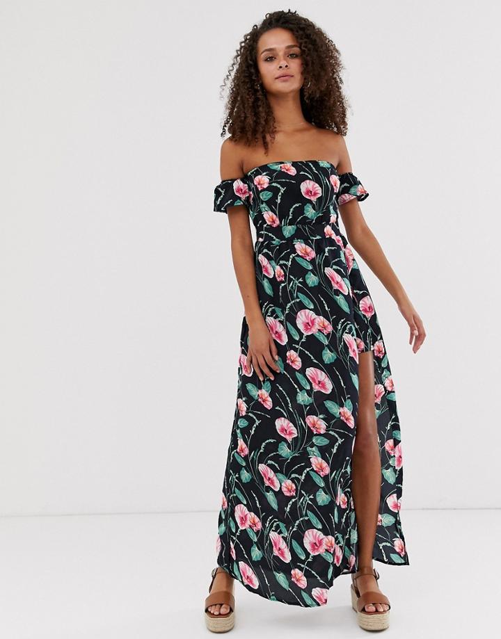 Parisian Off Shoulder Maxi Dress In Navy Floral Print - Navy