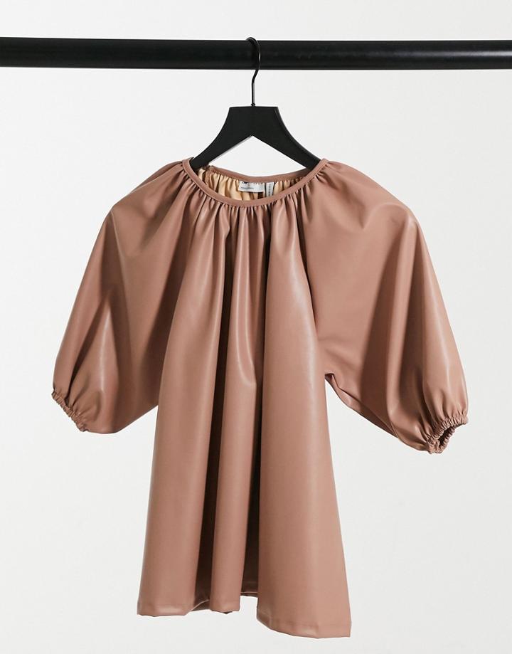 Asos Design Trapeze Smock Top In Leather Look In Sand-neutral