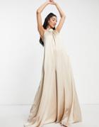 Asos Design Satin Halter Neck Backless Wide Leg Jumpsuit In Mushroom-gray