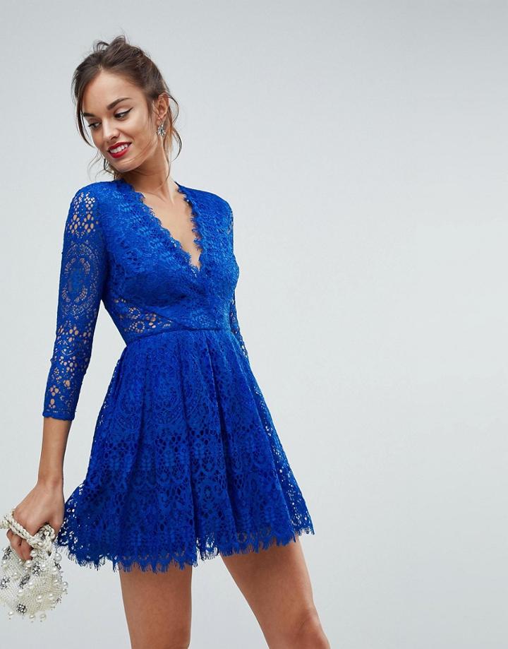Asos Long Sleeve Lace Mini Prom Dress-blue