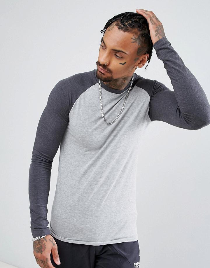 Asos Long Sleeve Muscle T-shirt With Contrast Raglan Sleeves In Gray Marl/charcoal Marl - Multi