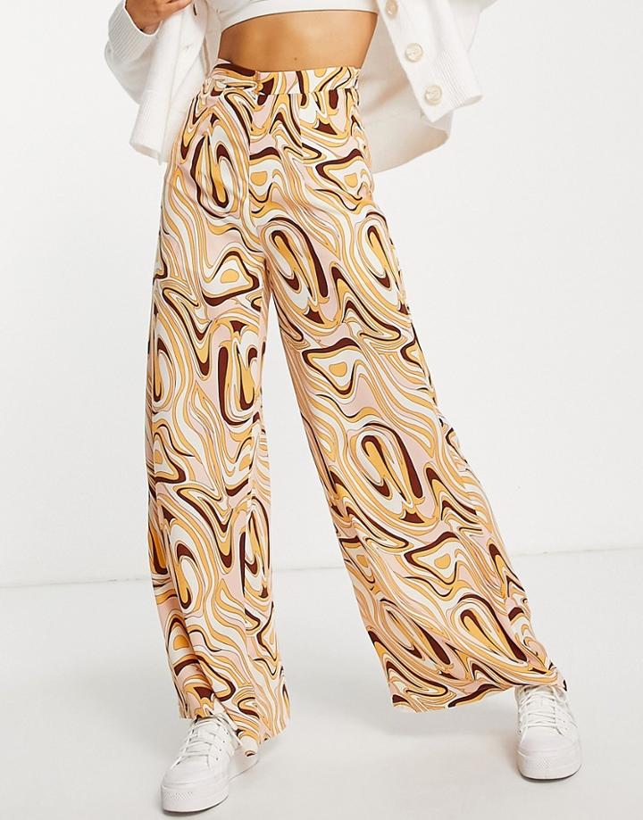 Glamorous Wide Leg High Waisted Pants In Marble Print-multi