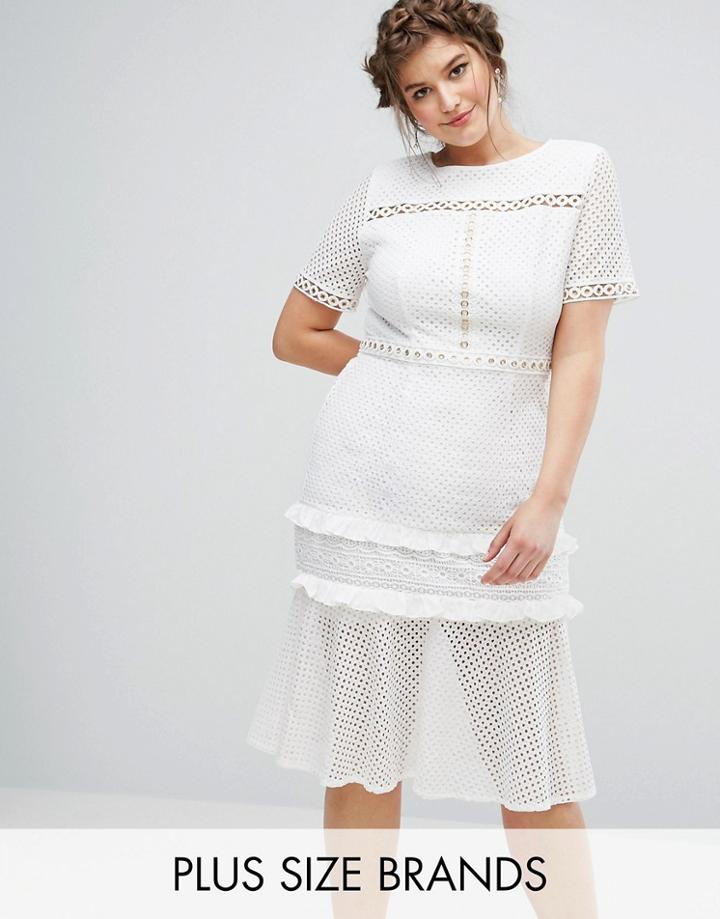 Truly You Lace Dress With Ruffle Hem And Eyelet Detail - White