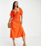 Asos Design Petite Broderie Flutter Sleeve Ruched Front Midi Dress In Red
