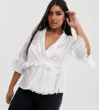 Outrageous Fortune Plus Wrap Front Top With Ruffle Pleat Detail In White