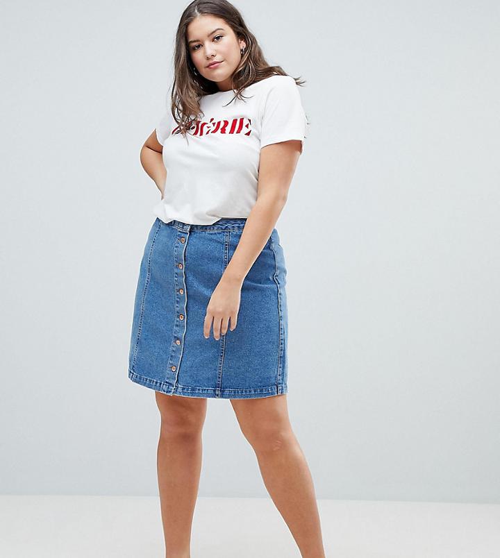 New Look Curve Button Through Denim Skirt - Blue
