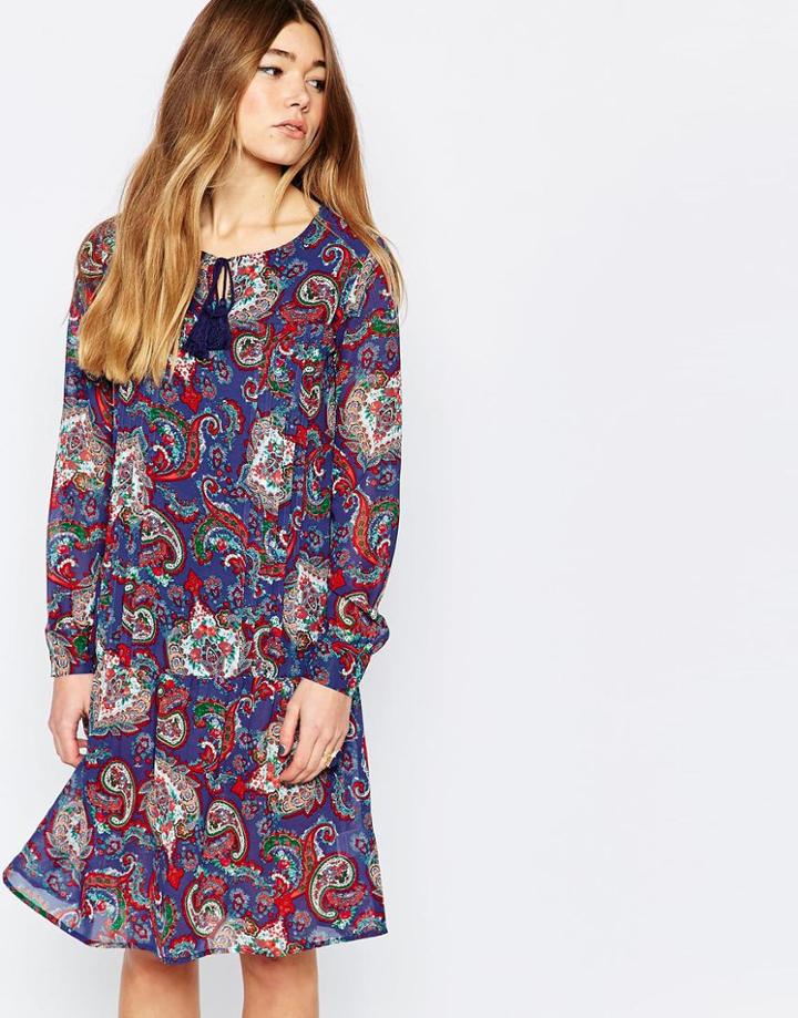 Diya Smock Dress With Drop Hem In Vintage Paisley Print - Blue Paisley Print