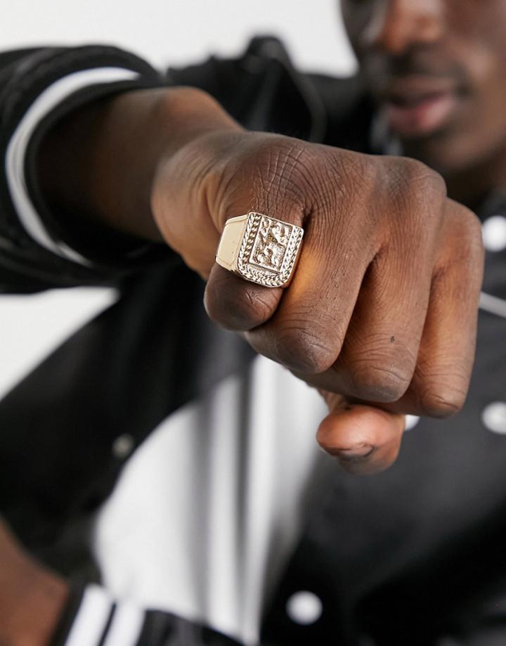 Asos Design Signet Ring With Lion Crest Design In Gold Tone