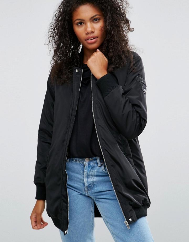 Brave Soul Black Longline Bomber Jacket - Black