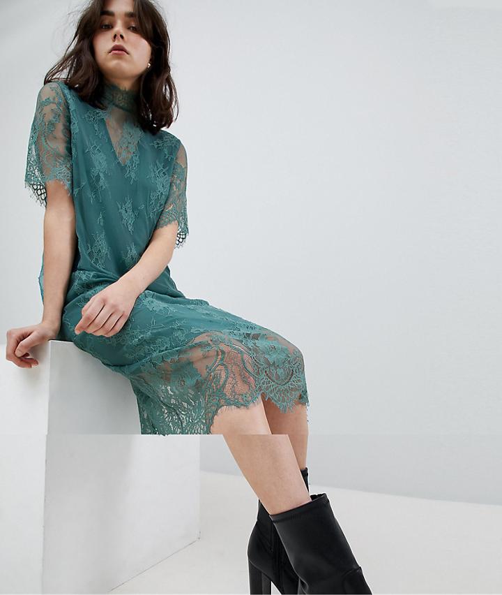 Pieces T-neck Lace Midi Dress - Green