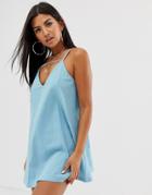 Asos Design Beach Dress In Seersucker With Rouloux Straps & Cut Out Neck-blue