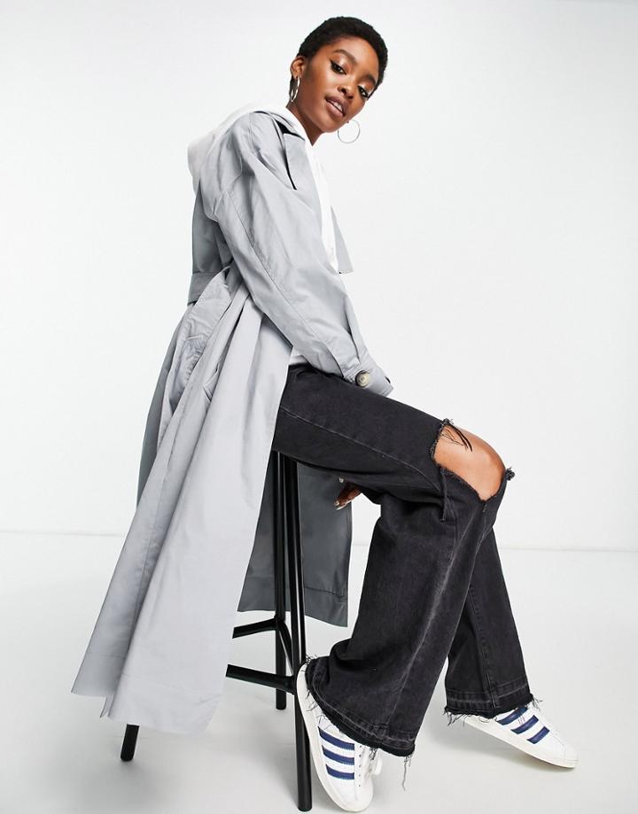 Topshop Pleated Back Trench Coat In Gray-blues