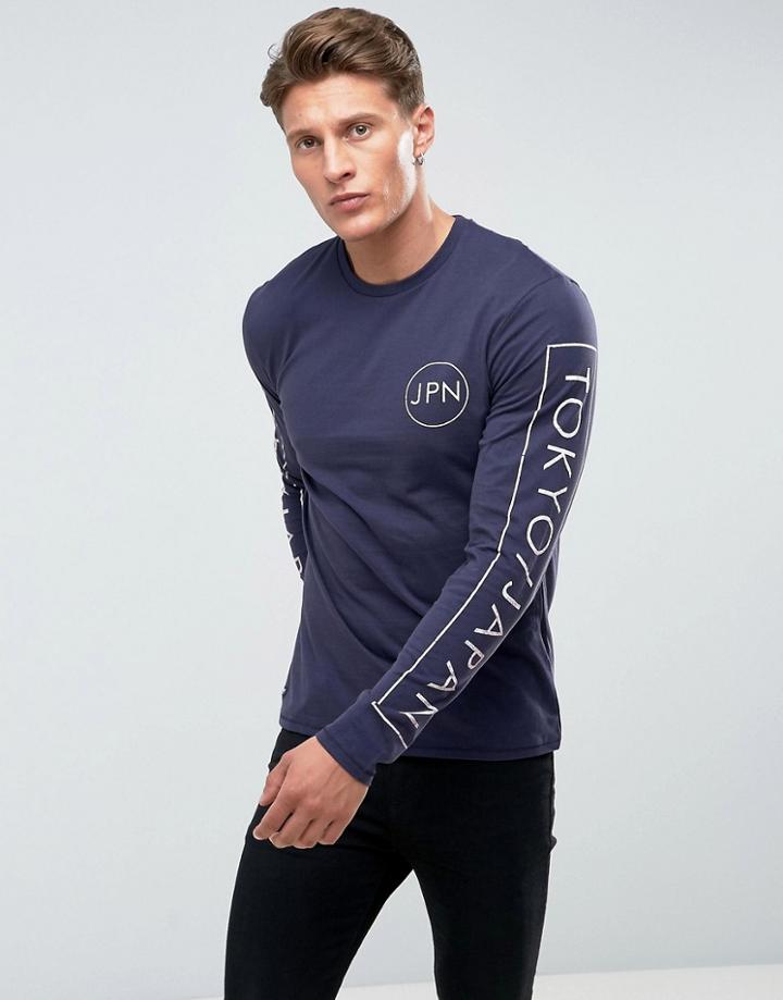 Threadbare Sleeve Print Long Sleeve Top - Navy