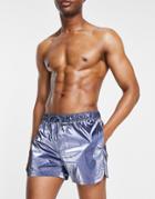 Asos Design Swim Shorts In Blue Metallic With Curved Hem Short Length
