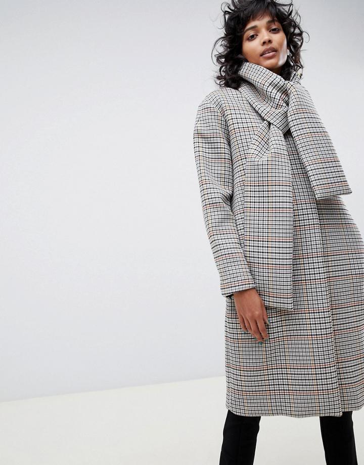 Asos White Check Coat With Neck Tie Detailing-multi