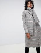Asos White Check Coat With Neck Tie Detailing-multi