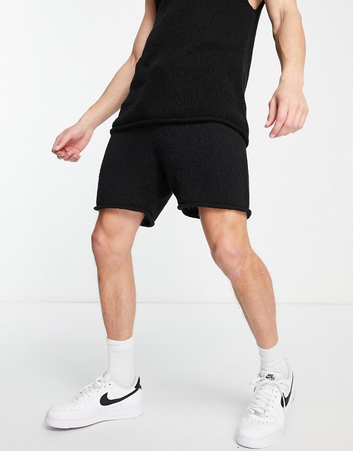 Asos Design Textured Yarn Shorts In Black - Part Of A Set