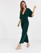 Asos Design Plisse Wrap Tie Jumpsuit-green