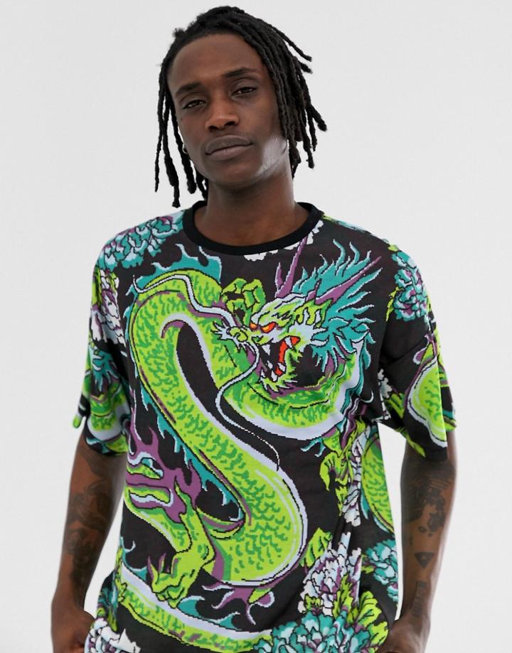 Asos Design Oversized T-shirt With All Over Dragon Print-black