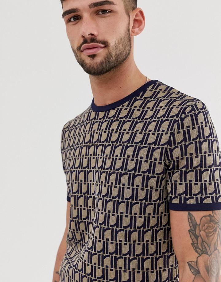River Island Knitted T-shirt With All Over Logo In Navy - Navy