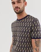 River Island Knitted T-shirt With All Over Logo In Navy - Navy