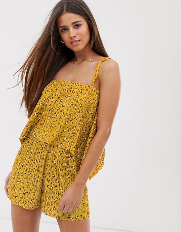 Asos Design Cami Romper With Overlay In Plisse In Ditsy Print-multi
