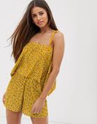 Asos Design Cami Romper With Overlay In Plisse In Ditsy Print-multi