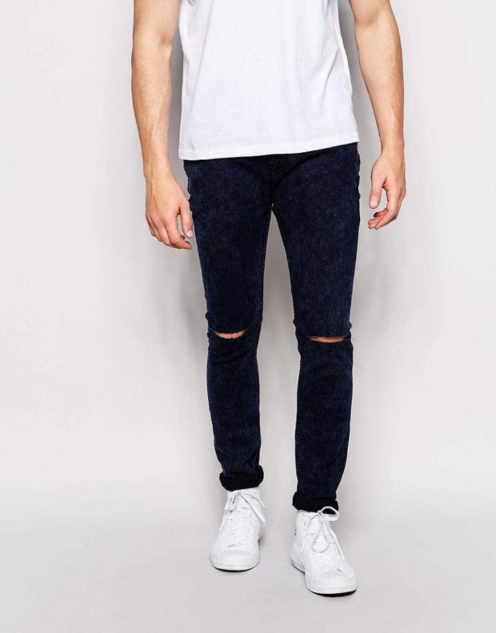 Pull & Bear Super Skinny Jeans In Dark Blue Acid Wash With Knee Rips - Dark Blue