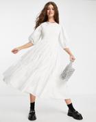 Topshop Shirred Puff Sleeve Midi Dress In White