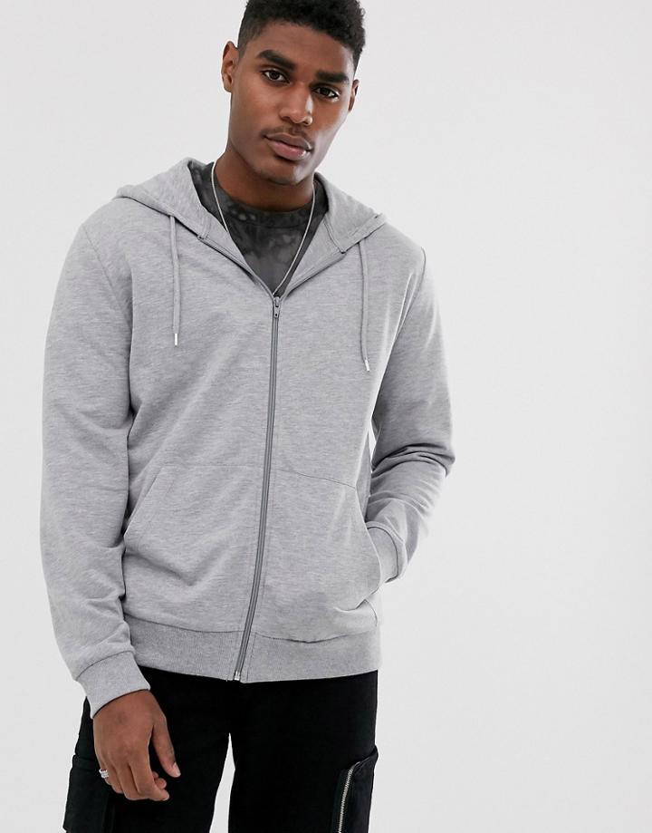 Asos Design Lightweight Zip Up Hoodie In Gray Marl