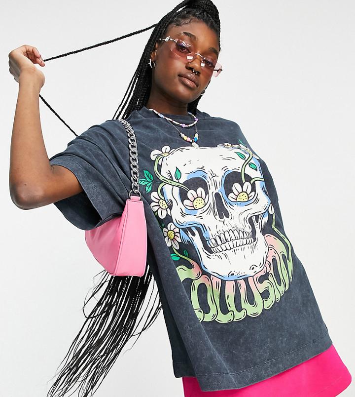 Collusion Unisex Oversized T-shirt With Print In Black Acid Wash Pique