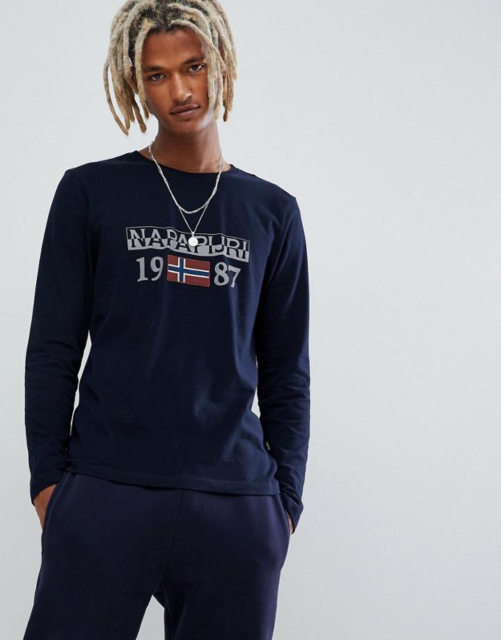 Napapijri Solin Logo Long Sleeve Crew Neck T-shirt In Navy - Navy