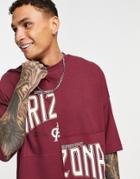 Asos Design Oversized T-shirt In Burgundy Color Block With Arizona City Print-red
