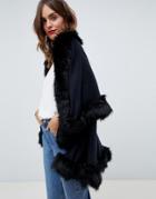 Jayley Luxurious Faux Fur Double Layer Wool Blend Poncho - Black