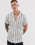 Asos Design Regular Fit Stripe Shirt In White With Deep Revere-beige