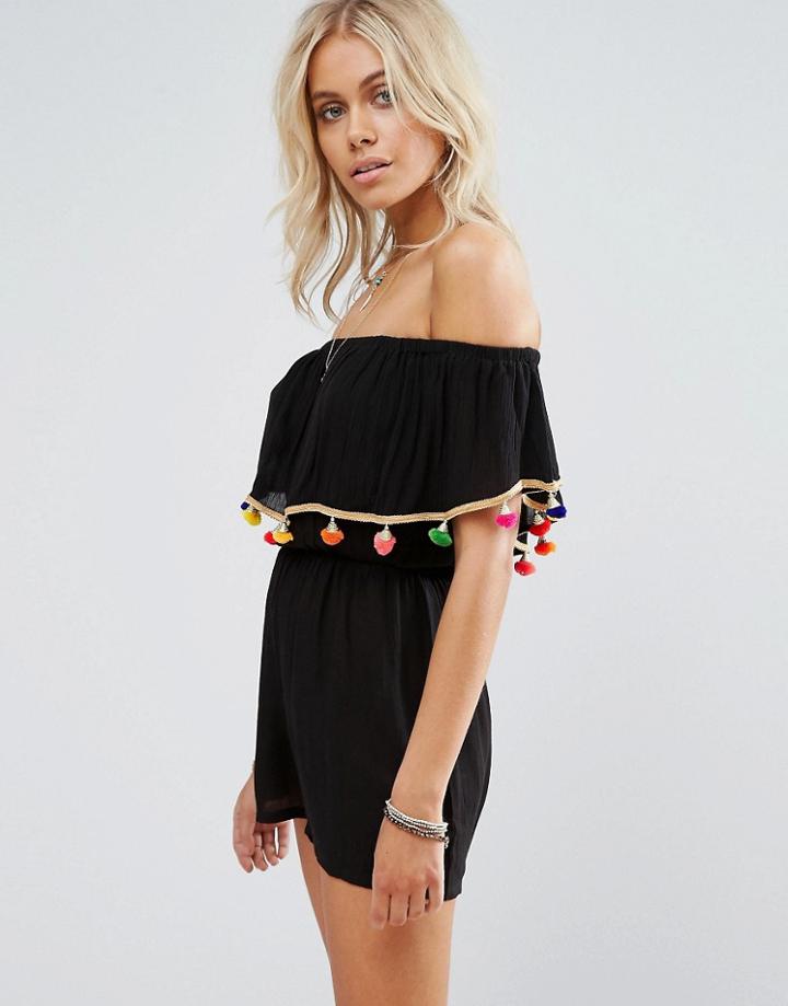 Anmol Off Shoulder Romper With Pom Pom Trim Detail - Black