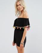 Anmol Off Shoulder Romper With Pom Pom Trim Detail - Black